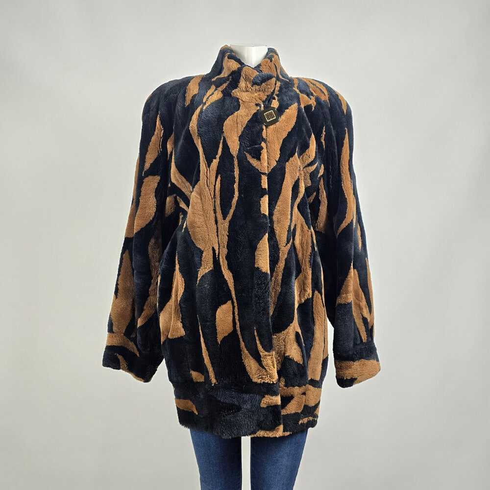 Vintage Stone Furs Black & Brown Faux Fur Coat Size L